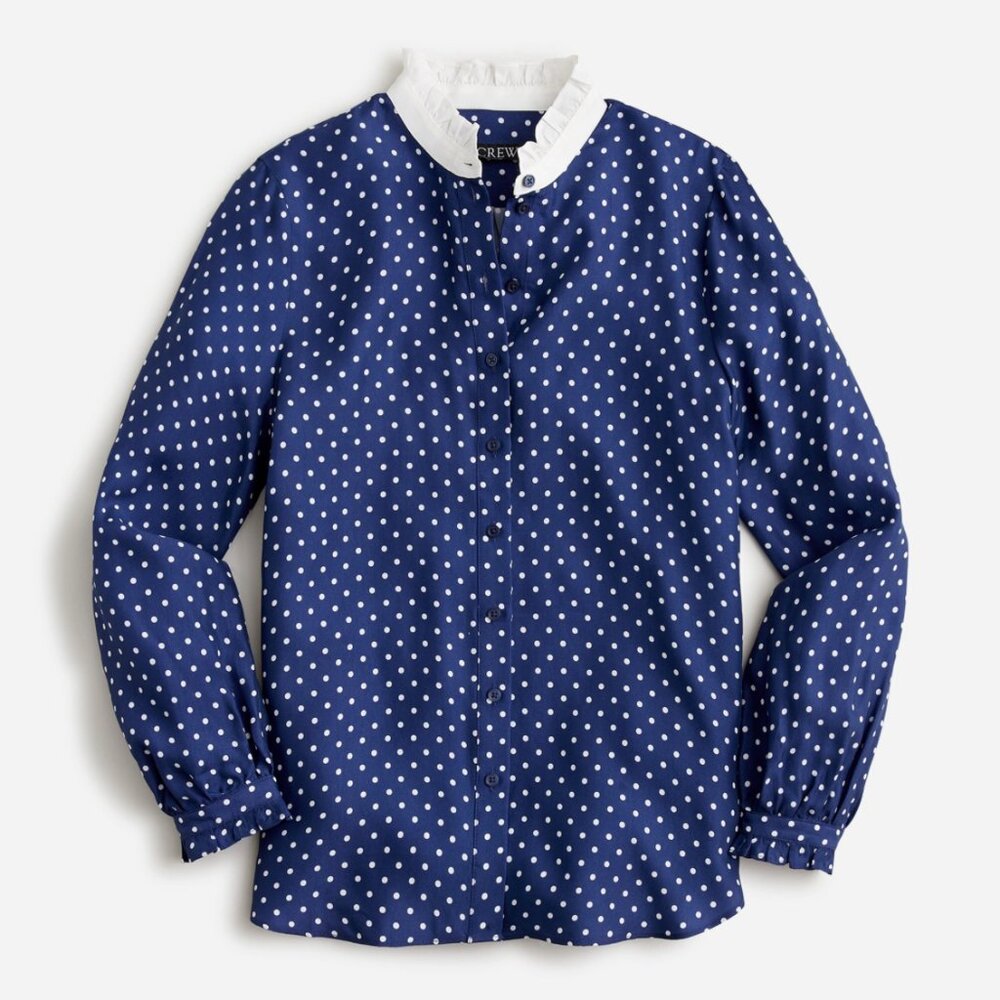 J. Crew Drapey Cupro Blend Ruffle Trim Button Down Shirt Polka Dot Size M NWT